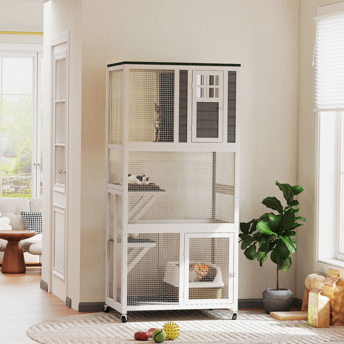 74" Wooden Catio Outdoor Cat Enclosure Weatherproof & Wheeled, Outside Cat House with High Weight Capacity, Kitten Cage
