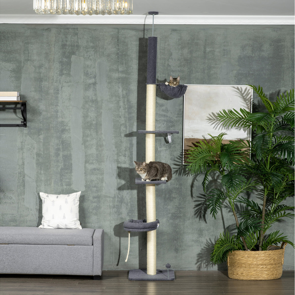 Floor To Ceiling Cat Tree, 5-Tier Cat Climbing Tower, 95-106 Height Adjustable with Carpeted Platforms, Cozy Bed, Hammoc
