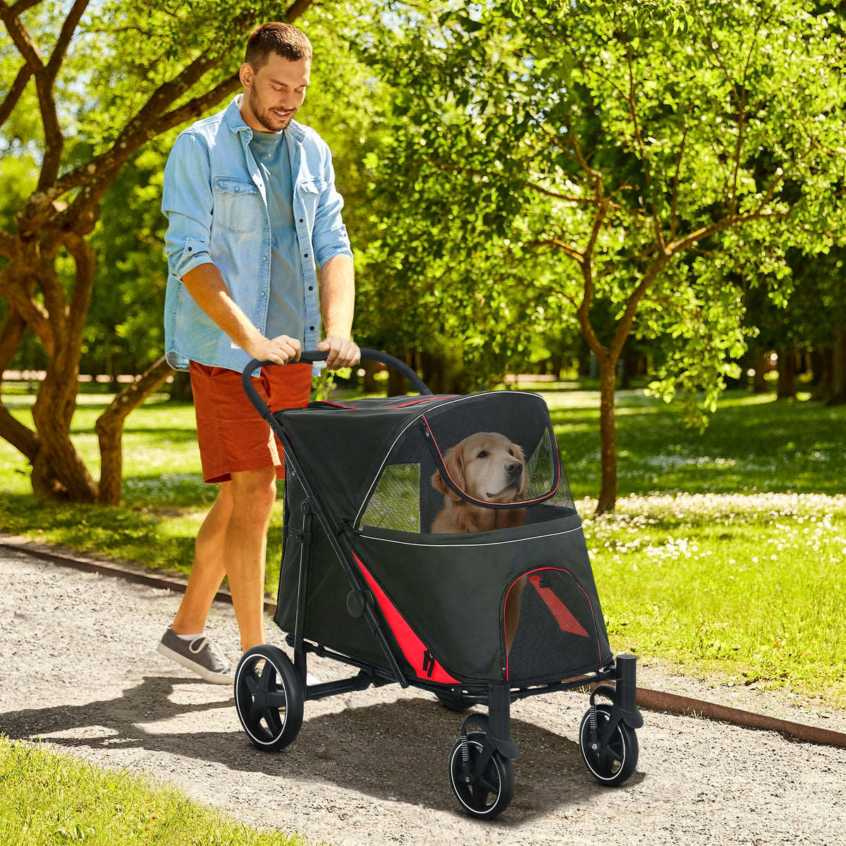 One-Click Foldable Dog Stroller for M, L Dogs, Pet Stroller, Black