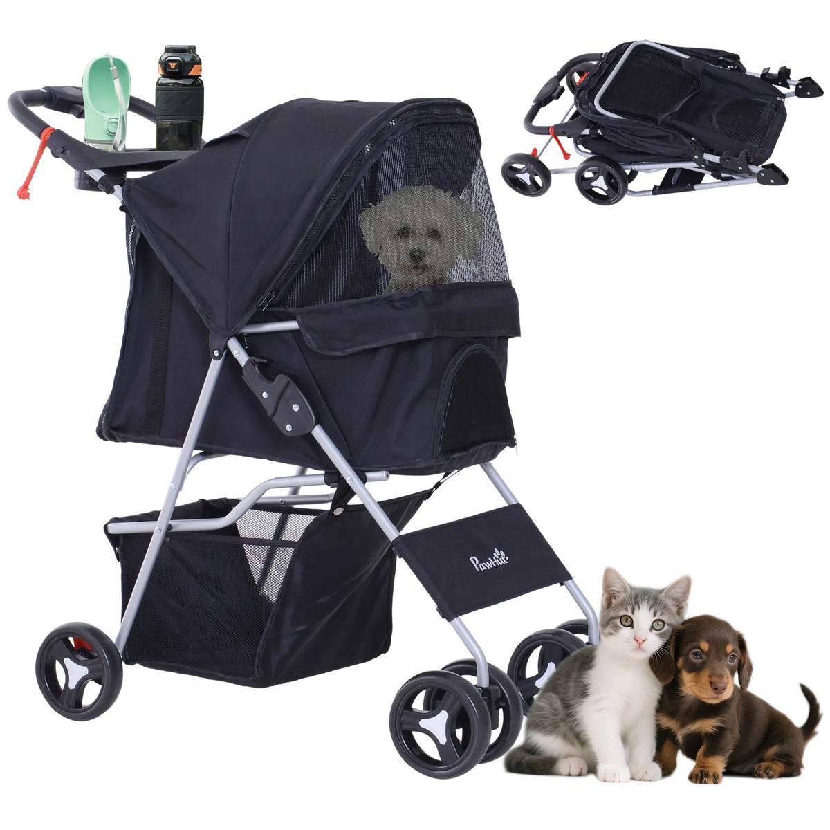 Dog Stroller, One-click Folding Pet Stroller with Cup Holder, 4 Wheels Travel Carrier w/ Brakes, 360° Swiveling Front Wh