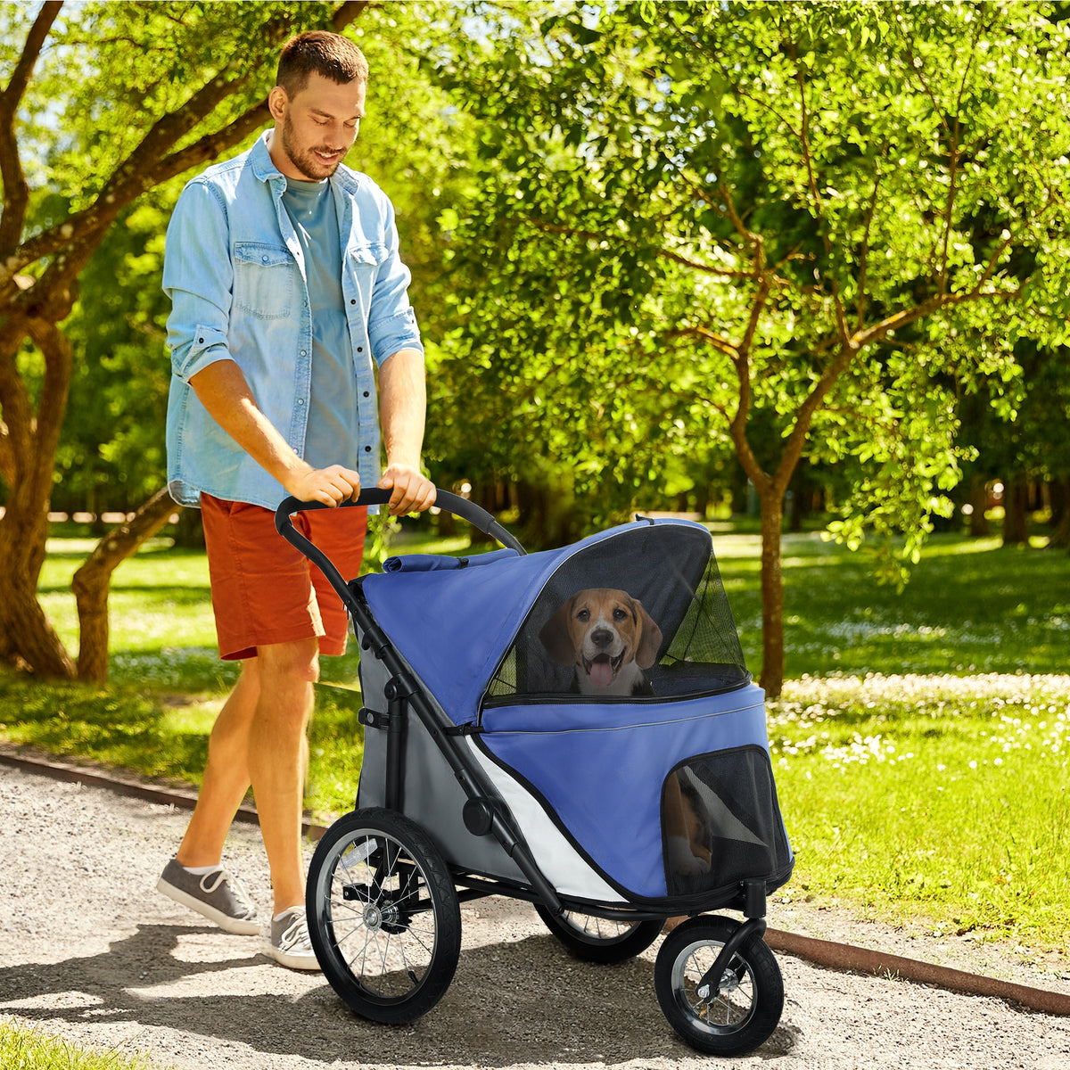 3 Wheels Dog Stroller W One-Hand Fold, Rubber Wheels, Storage Bag, Soft Cushion, For Small & Medium Dogs, Blue
