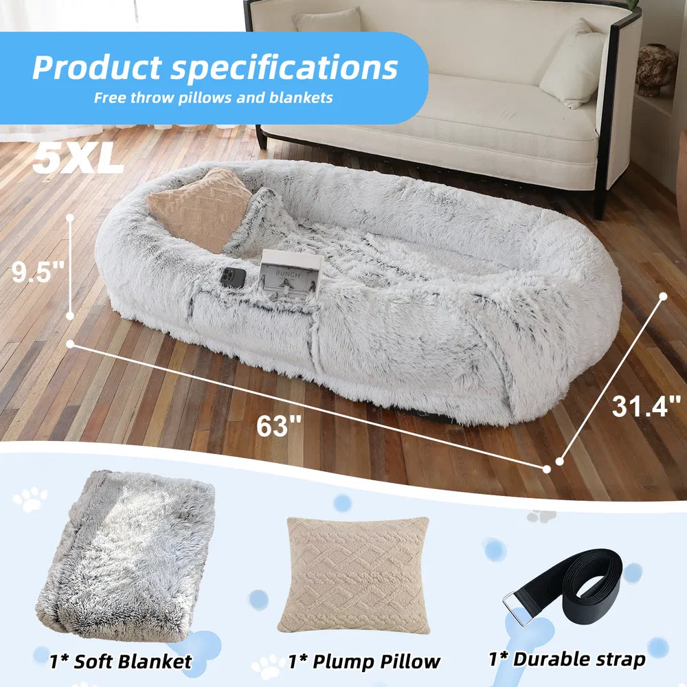Human Dog Bed, Large Size Fits You And Pets, Washable Faux Fur Dog Bed For People Doze Off, Napping Orthopedic Dog Bed,