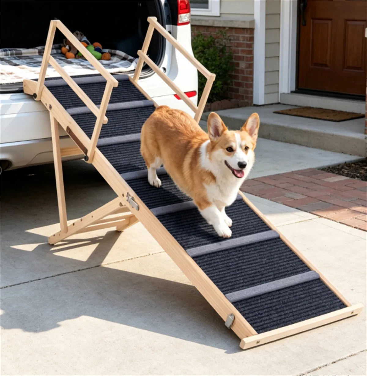 6-Level Adjustable Foldable Pet Ramp , Solid Pine Wood Non-Slip Dog Stairs with Side Rails, 145 lbs Heavy Duty Pet Step