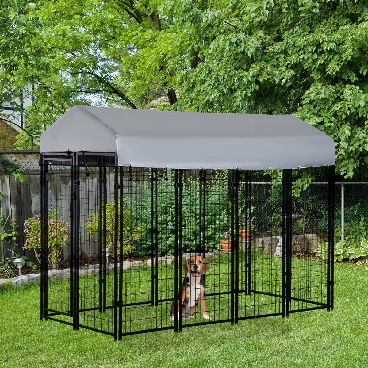 Outdoor Dog Kennel with Roof, 8 x 4 x 6 Heavy Duty Welded Wire Dog Playpen Enclosure with Escape-proof Lock, UV-Resistan