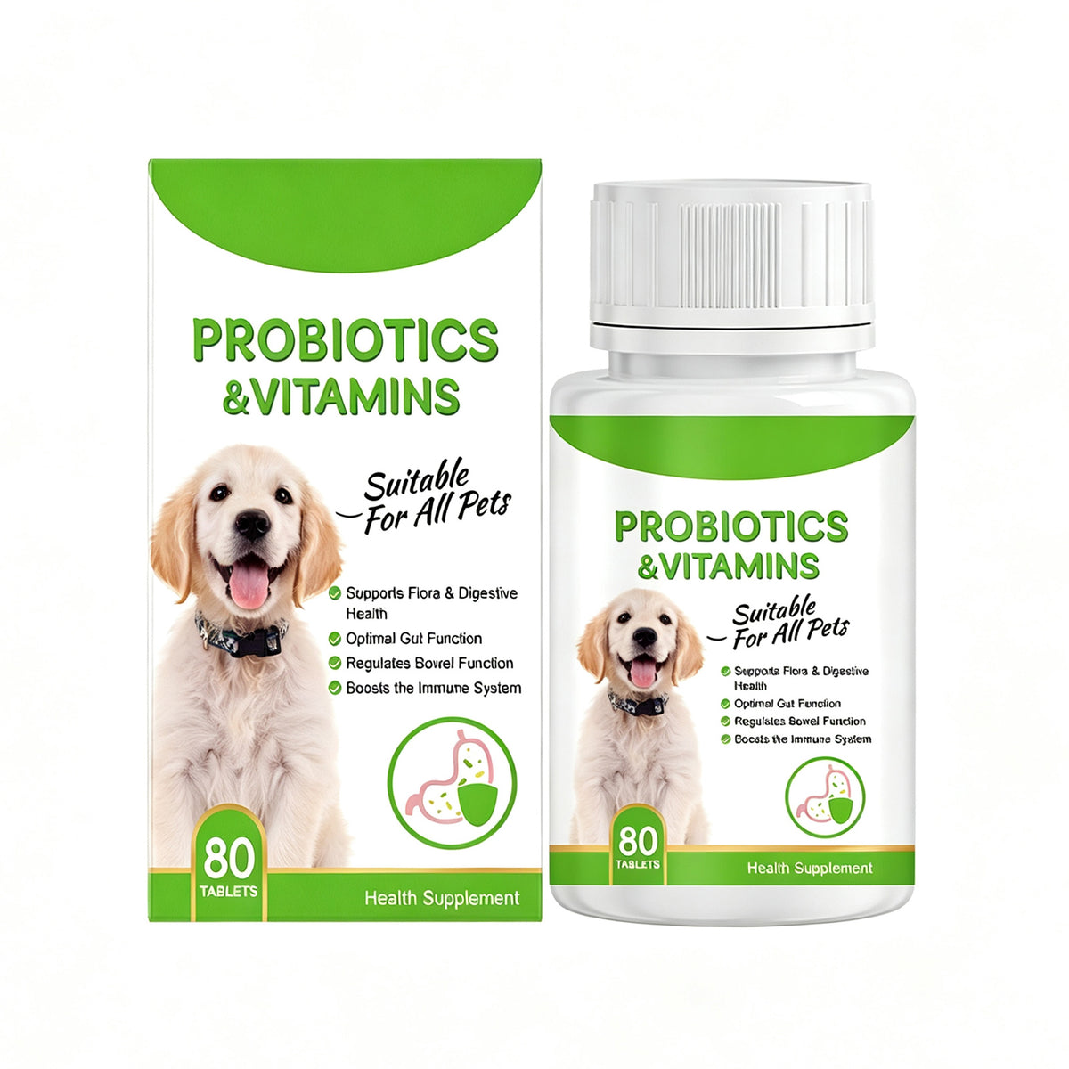 Pet Probiotics & Vitamin Tablets For Dogs & Cats, Gut Health Supplement, Support Digestion & Immune System, 80 Chewable