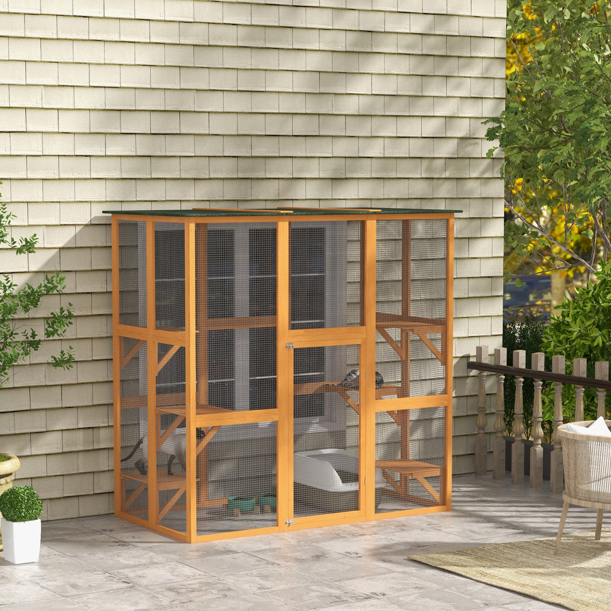 Outdoor Cat House Big Catio Wooden Feral Cat Shelter Enclosure with Large Spacious Interior, 6 High Ledges, Weather Prot