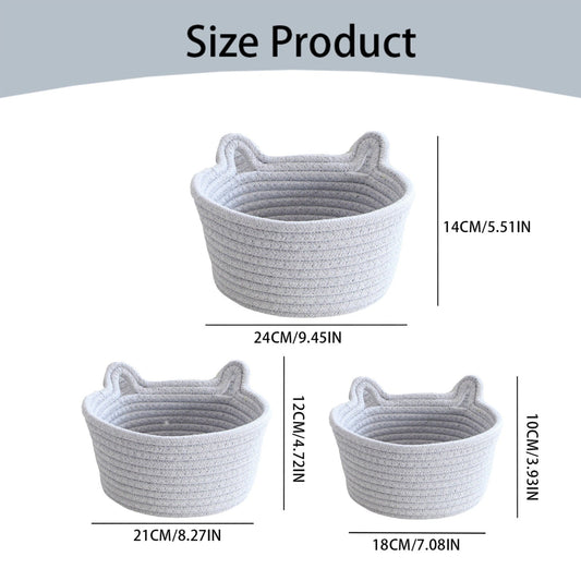 Cat Ears Pet Toy Organizer Basket | Woven Cotton Rope | 8.7 Inch Grey