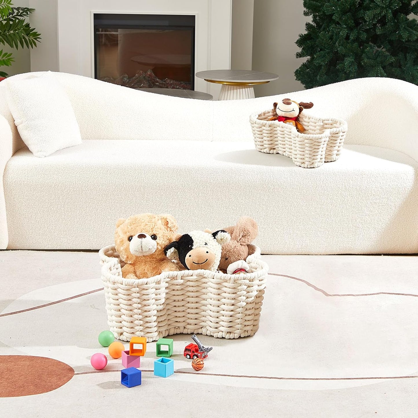 Dog Toy Basket | 2-Pack Bone Shape | Handmade Cotton Rope Organizer