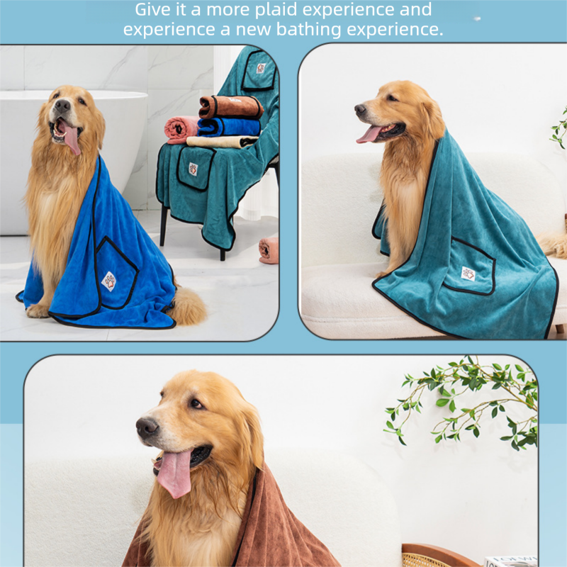 Blue-green 100*50cm icrofibre Pet Bath Towel with Hand Pockets