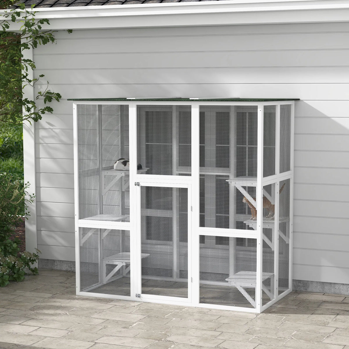 Large Outdoor Catio Enclosure, Wooden Cat Patio with 6 Balanced Platforms and Asphalt Roof, 70.9" x 38.6" x 70.9", White