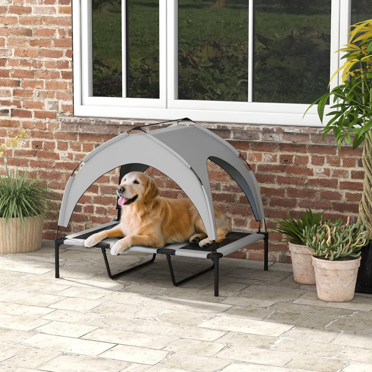 Elevated Dog Bed with Canopy, Raised Outdoor Pet Bed for Camping with Washable Breathable Mesh, 42" x 30" x 37"