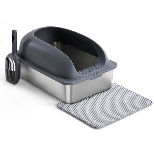 Stainless Steel Cat Litter Box With Lid, Large Cat Litter Box For Big Cats, Scoop And Mat Included