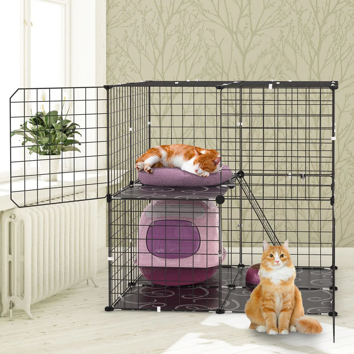 2Tier Cat Cage Playpen Indoor Pet Enclosures Kitten Kennel House Detachable Cat Crate with Climbing Ladder 2 Doors for 1