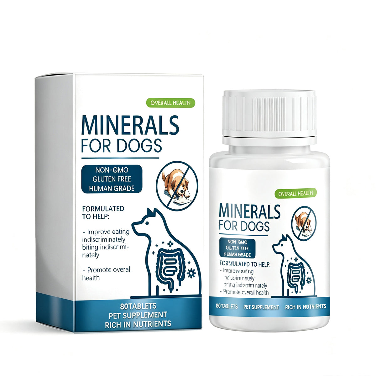 Dog Mineral Supplement Tablets, 80 Chewable Minerals Tablets For Pica, Appetite & Bone Health Support, Non-GMO Human Gra