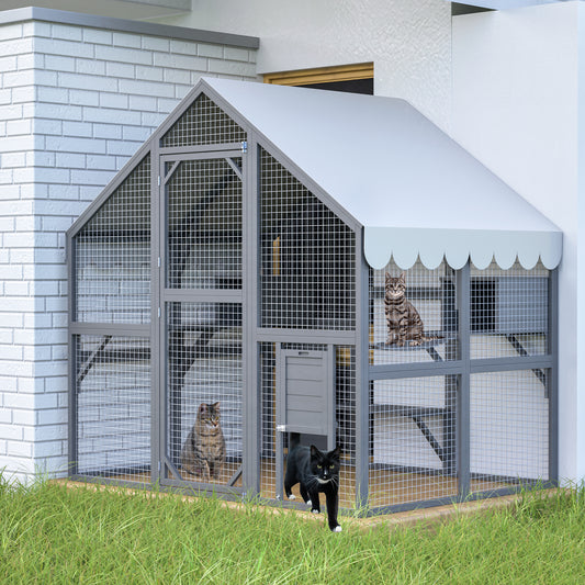 Large Outdoor Cat House, 28ft² Luxury Wooden Cat Run Enclosure Walk in Cat Catio Kitten Condo with 2 Cat Doors, 2 Plaype