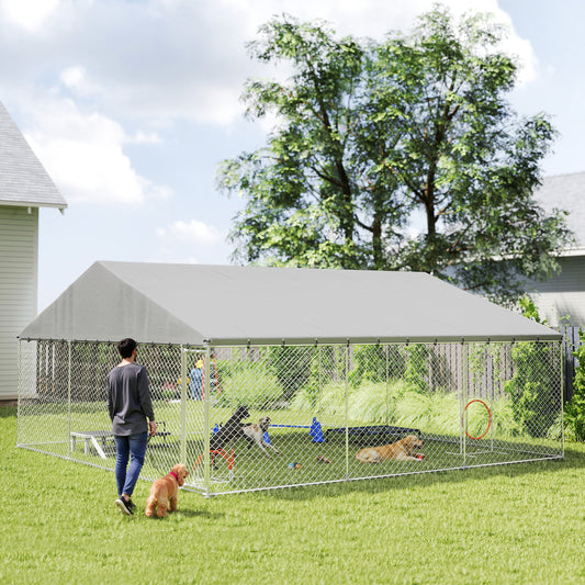 Heavy Duty Outdoor Dog Kennel with Waterproof Roof, Secure Latch, Chain Link Dog Run for Backyard, 19.7 x 19.7 x 8.9