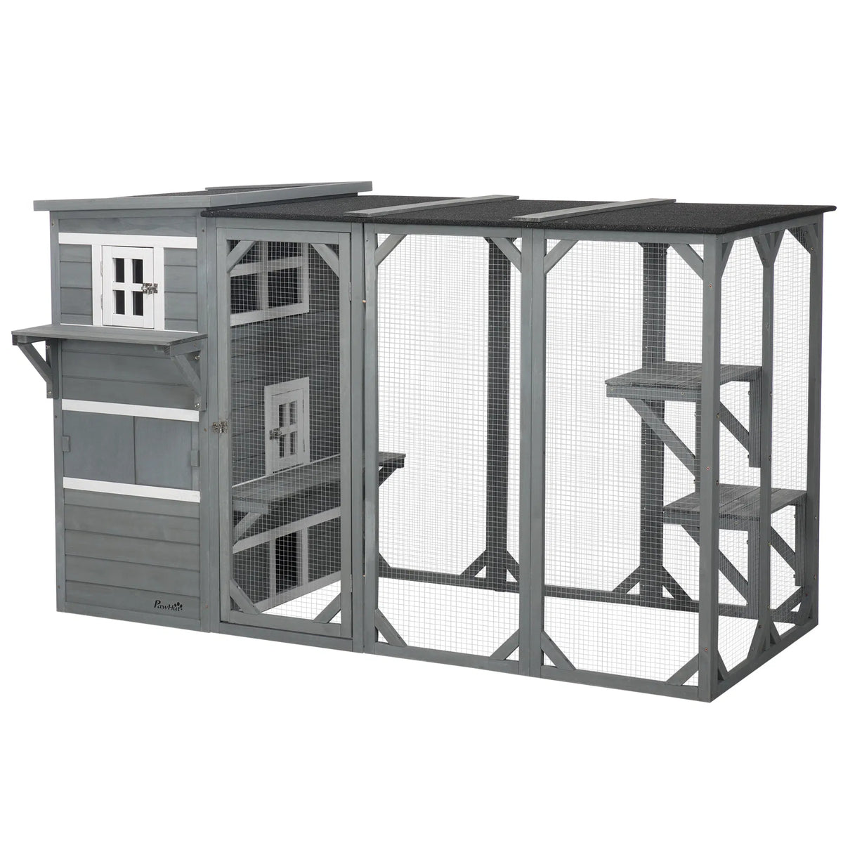 Wooden Cat Catio, 76"L Walk in Outdoor Cat House with Asphalt Roof, Platforms, Lockable Doors, 3-tier Resting Condo, Obs