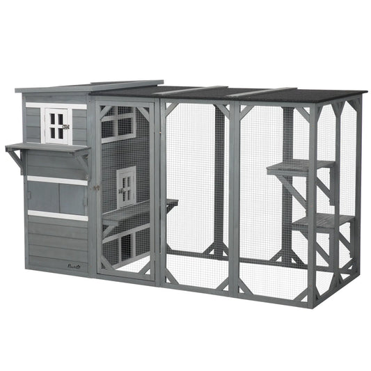 Wooden Cat Catio, 76"L Walk in Outdoor Cat House with Asphalt Roof, Platforms, Lockable Doors, 3-tier Resting Condo, Obs