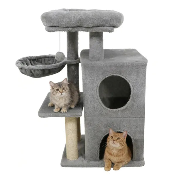 Light Gray 33.5" Multi-Level Cat Tree With 2-Tier Condo, Sisal Scratching Posts & Anti-Toppling Device For Cats