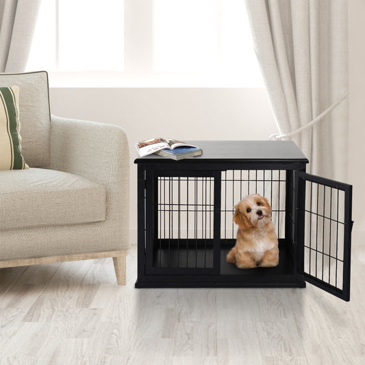 Dog Crate Furniture, 32" Small Dog Cage End Table with 2 Doors, Lockable Door, Puppy Kennel Indoor, Black