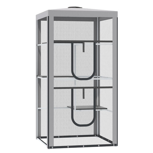 79" Cat Cage, Large Outdoor Kitten House, Indoor Cage Pet Kennel Playpen with 3 Platforms Door 4 Sandbags - Grey
