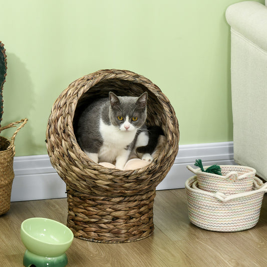 Handwoven Elevated Cat Bed with Soft Cushion & Egg Chair Shape, Basket Bed Kitty House with Stand, Raised Wicker House f