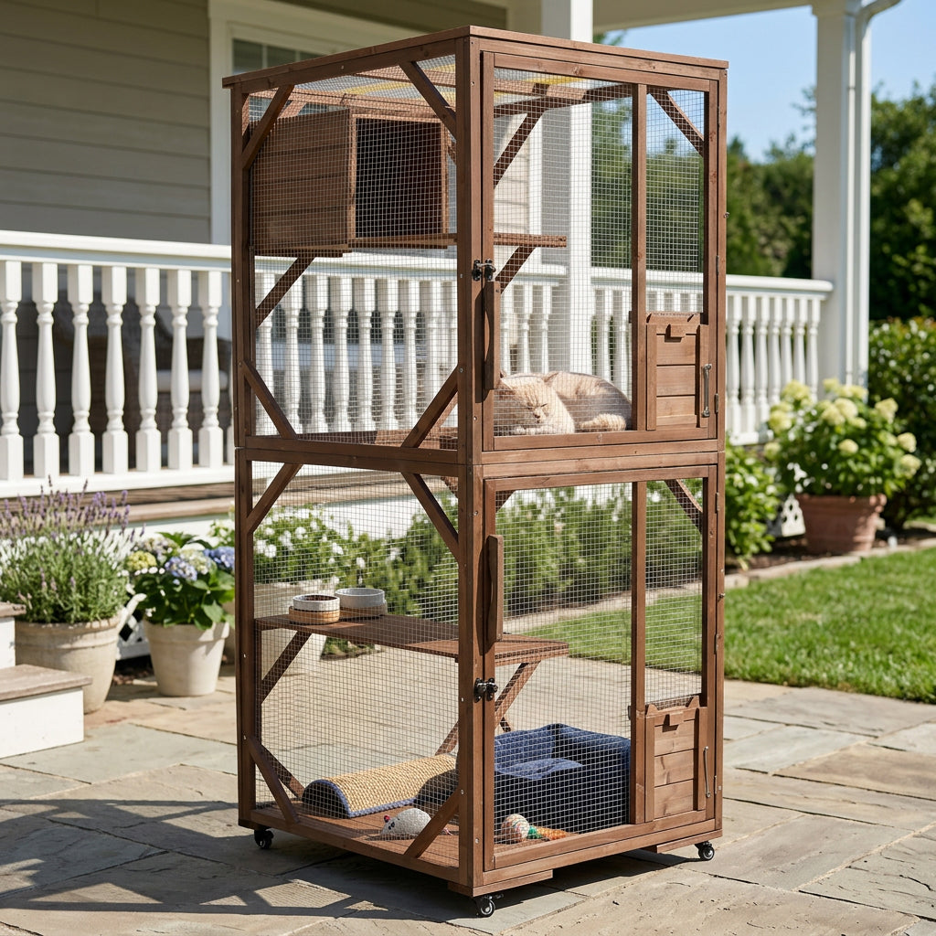 Large 2-Tier Outdoor Wooden Cat Enclosure on Lockable Wheels, Solid Fir Cat Cage with Multi-Level Platforms & Resting Ho