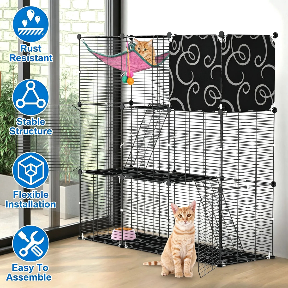 3-Level Metal Cat Cage Enclosure, Modular Pet Habitat with 3 Doors, 2 Ladders, Plush Hammock and Toy Ball for Small Indo