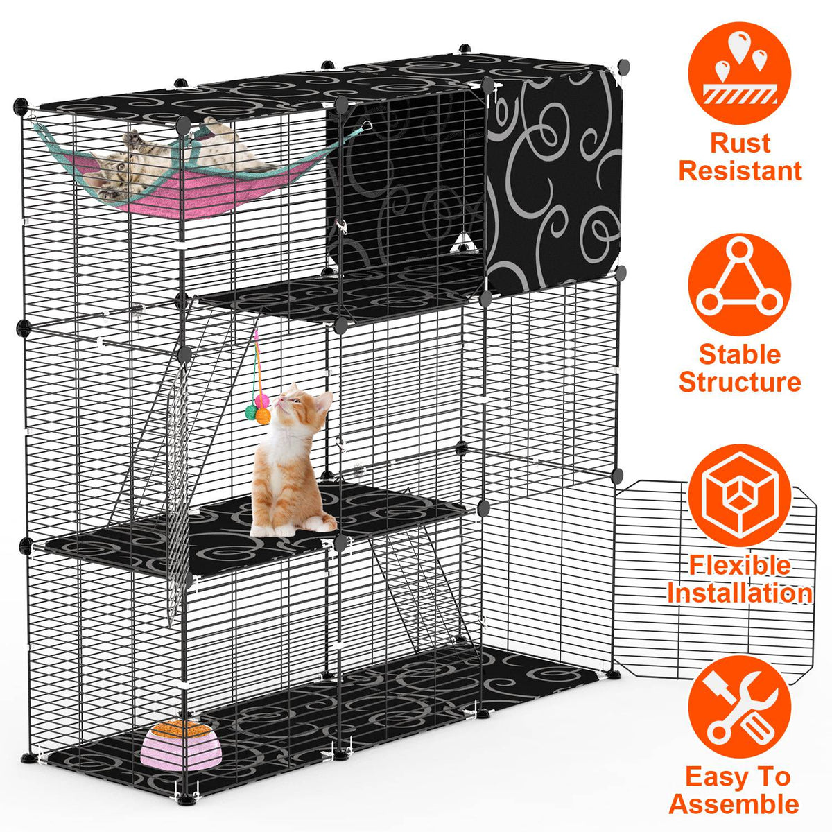 3-Tier Cat Cage Enclosure Indoor Cat Cage Playpen With Hammock Toy Ball Ladder DIY Iron Wire Cat House Kennels Crate For