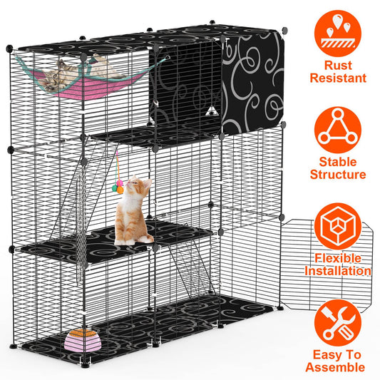 3-Tier Cat Cage Enclosure Indoor Cat Cage Playpen With Hammock Toy Ball Ladder DIY Iron Wire Cat House Kennels Crate For