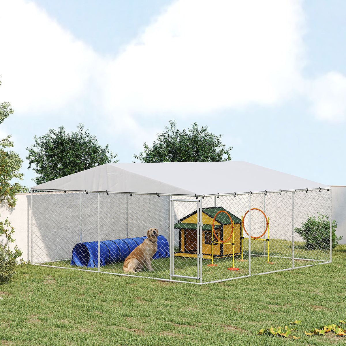 15 x 15 x 7 Dog Kennel Outdoor for Small Medium Large Dogs with Waterproof Roof, Silver