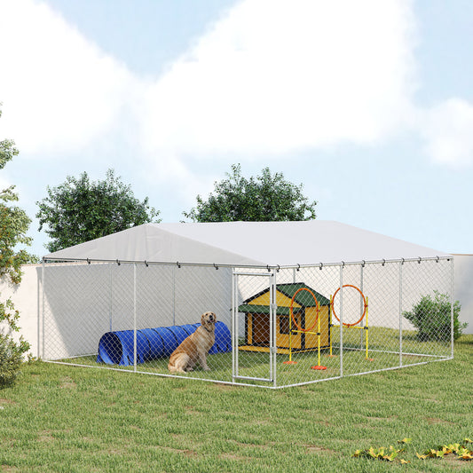 15 x 15 x 7 Dog Kennel Outdoor for Small Medium Large Dogs with Waterproof Roof, Silver