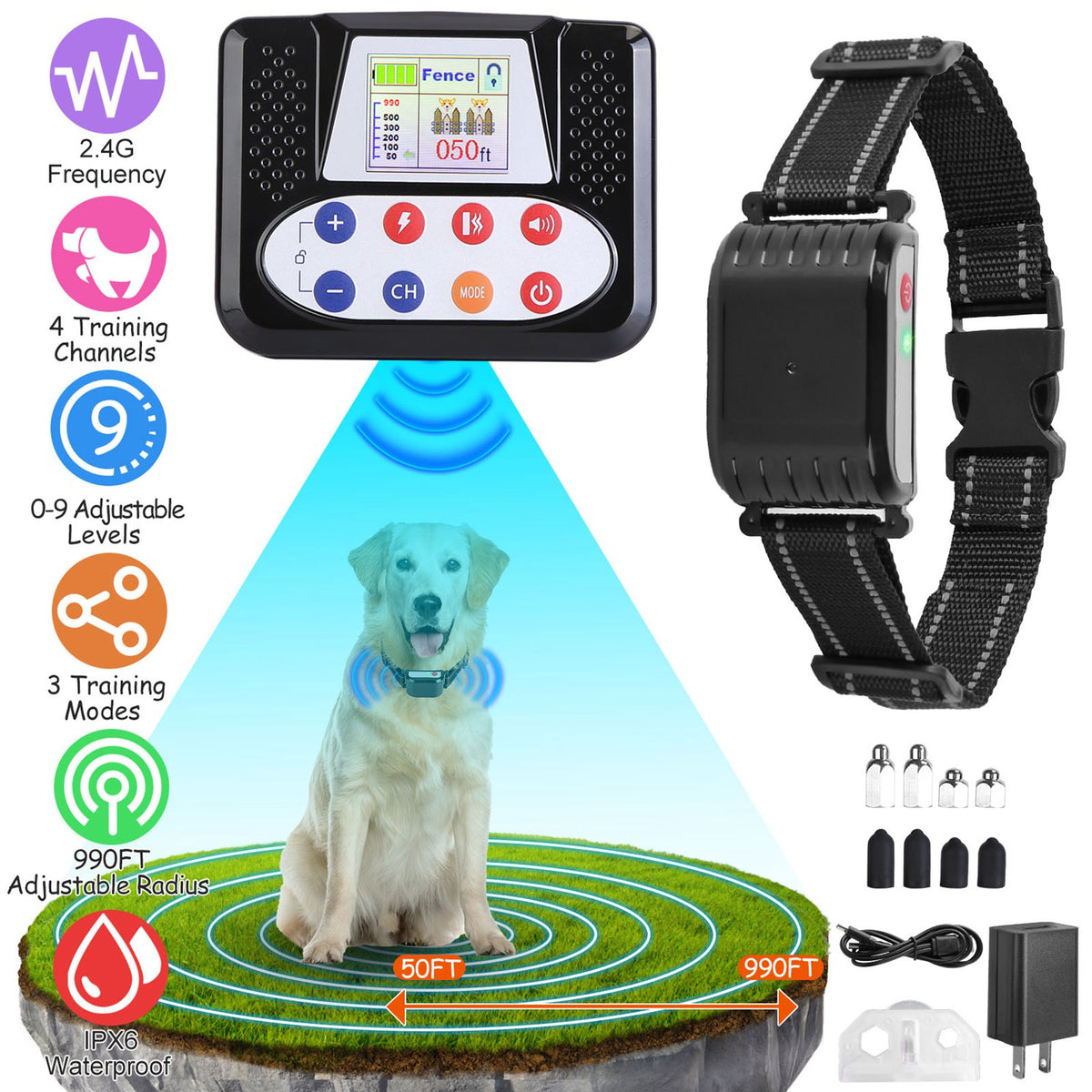 1Set 990FT Range Dog Wireless Fence Remote Training Collar IPX6 Waterproof Receiver With 0-9 Levels Beep Vibration Shock