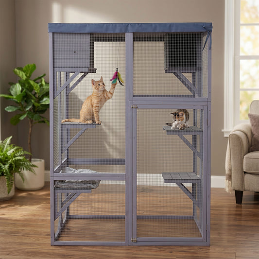 Outdoor Wooden Catio Multi-functional Cat Enclosure, 4 Platforms & 2 Napping Houses, 2 Strong Locks, Rounded Corner, Ste