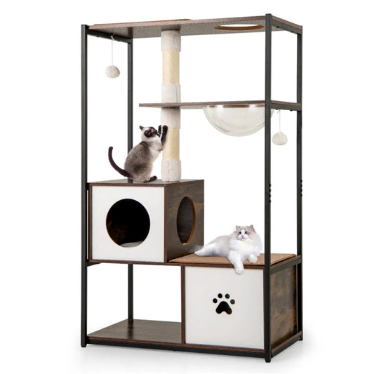 Stylish Wood-Metal Cat Tree - 33 lbs Per Layer Capacity, 2 Private Condos + 2 Relaxation Platforms, Complements Room Dec