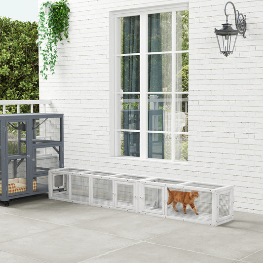 Wooden 98" Cat Tunnel for Outdoor with Combinable Design, 8 Doors, White