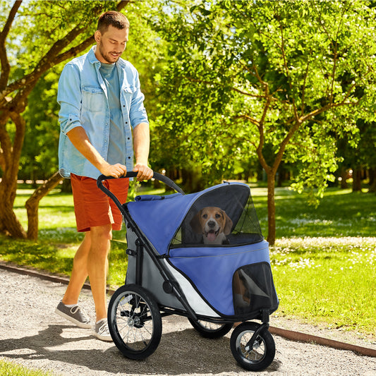 3 Wheels Dog Stroller W One-Hand Fold, Rubber Wheels, Storage Bag, Soft Cushion, For Small & Medium Dogs, Blue