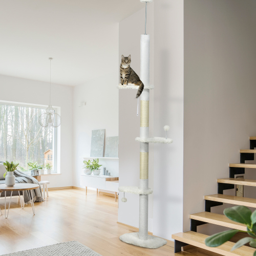 PawHut Floor To Ceiling Cat Tree With Scratching Posts, 88.5-100.5 Adjustable Height, Cat Climbing Tower With Cloud Shap