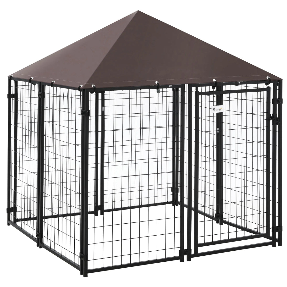Outdoor Dog Kennel, Welded Wire Steel Fence, Lockable Pet Playpen Crate, with Water-, UV-Resistant Canopy Top, Door, 4.6