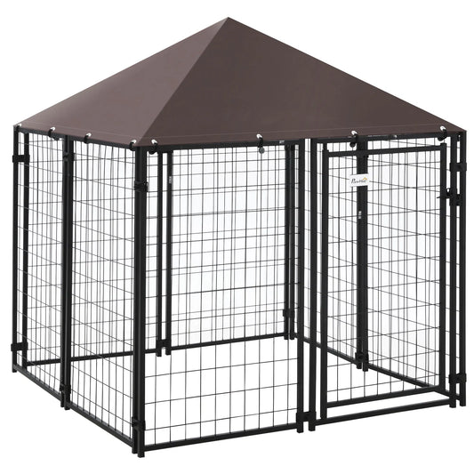 Outdoor Dog Kennel, Welded Wire Steel Fence, Lockable Pet Playpen Crate, with Water-, UV-Resistant Canopy Top, Door, 4.6