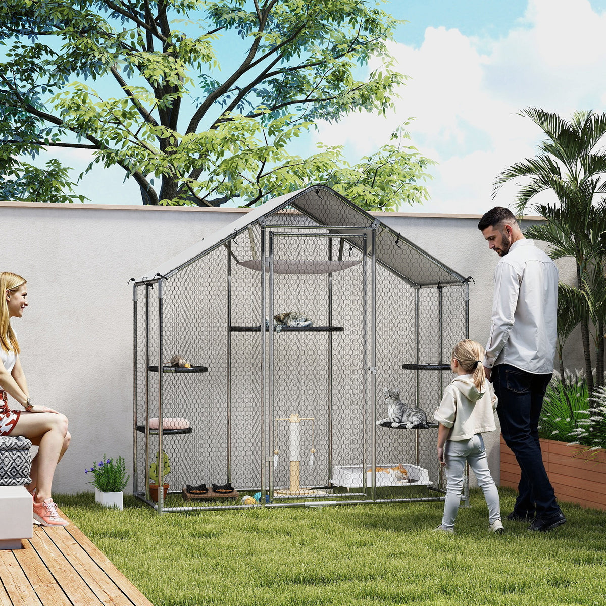 Large Catio Outdoor Cat Enclosure with Waterproof Cover, Walk-in Cat Patio w/ 5 Adjustable Platforms & Hammock