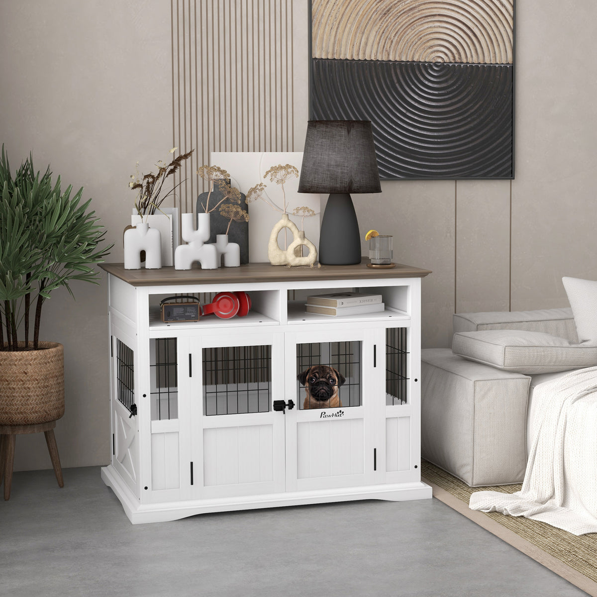Dog Kennel Furniture Side End Table with Storage, Double Doors for Small and Medium Dogs, White