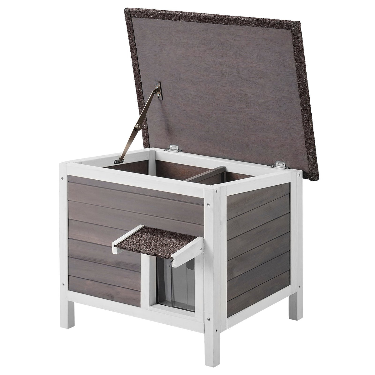Outdoor Cat House Wooden Feral Cat Shelter With Roof & PVC Door Flaps