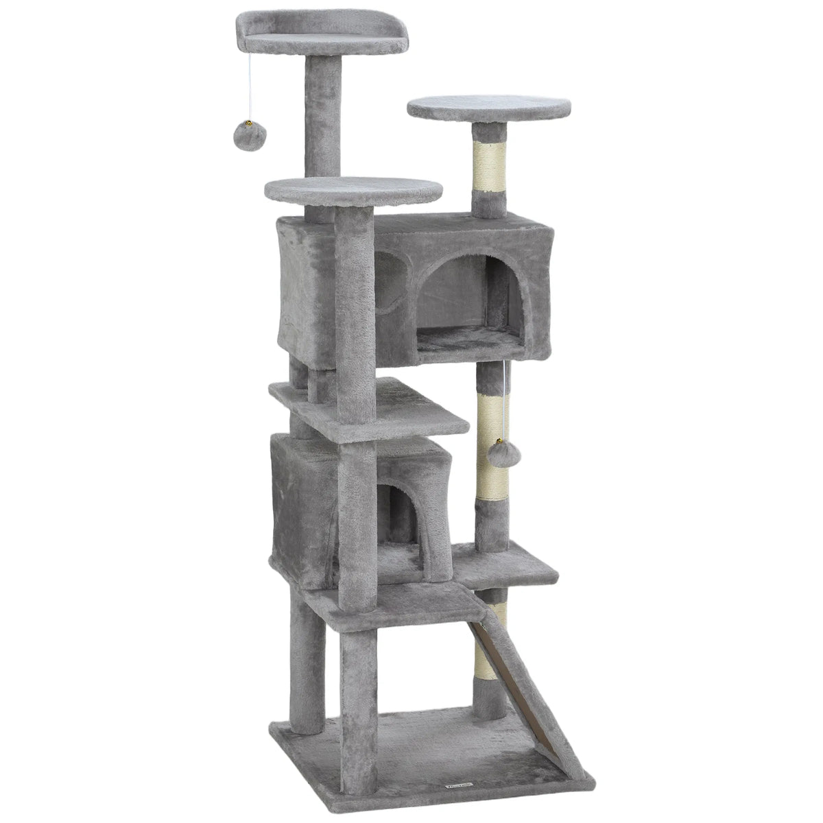 54" Cat Tree, Multi-Level Cat Tower with Scratching Posts, Cat Condos, Bed, Platforms, Ramp, Toy Ball, Light Grey