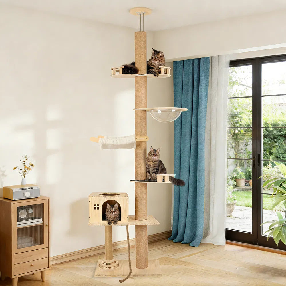 Floor To Ceiling Cat Tree, 6 Level Adjustable Height Climbing Tower With Thickened Scratching Posts, Cats Activity Cente