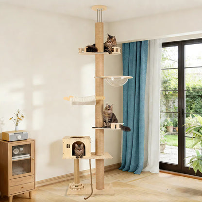Floor To Ceiling Cat Tree, 6 Level Adjustable Height Climbing Tower With Thickened Scratching Posts, Cats Activity Cente
