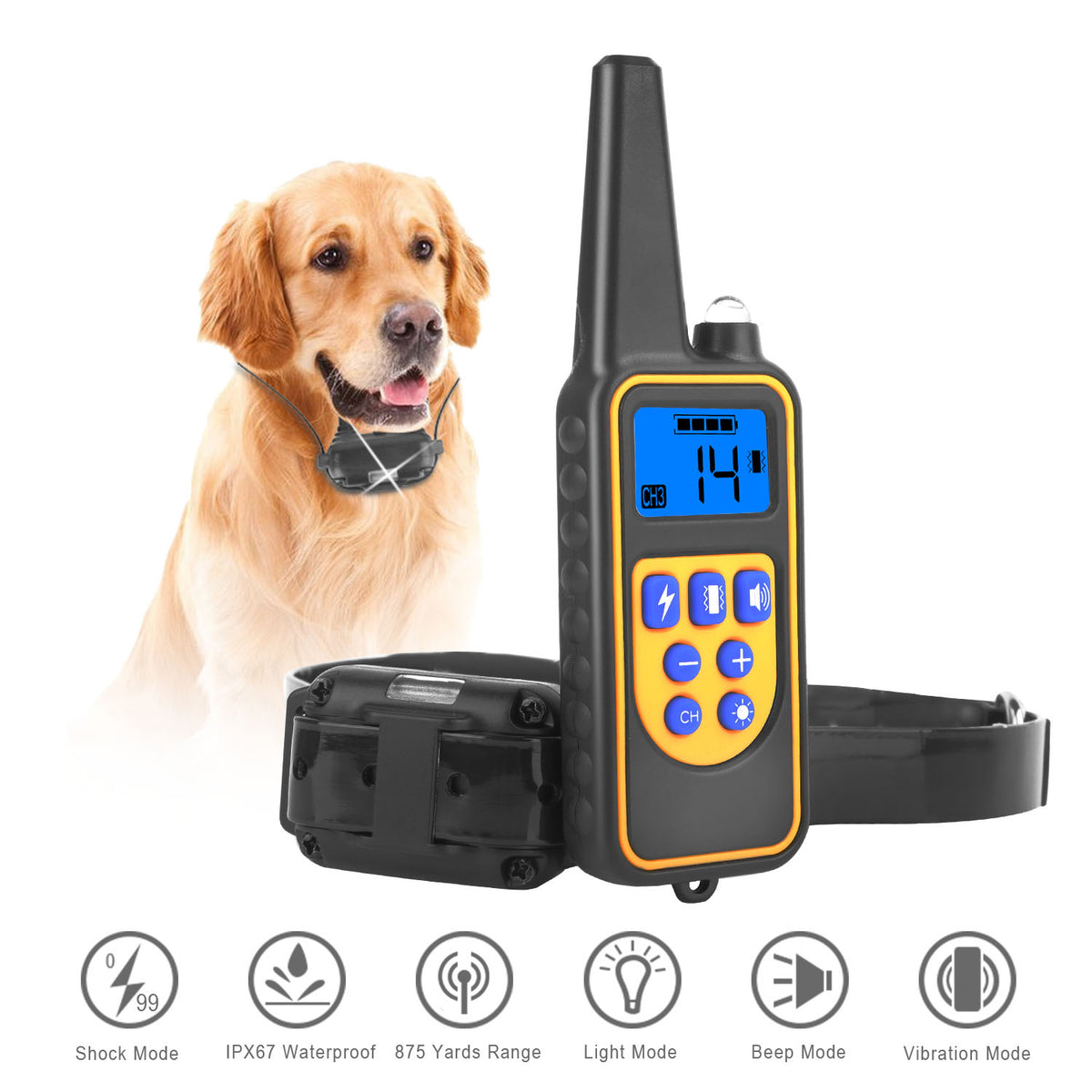 1Pc Dog Training Collar With Remote IP67 Waterproof Pet Trainer 300mAh Rechargeable 875 Yard Remote Control 4 Modes Adju