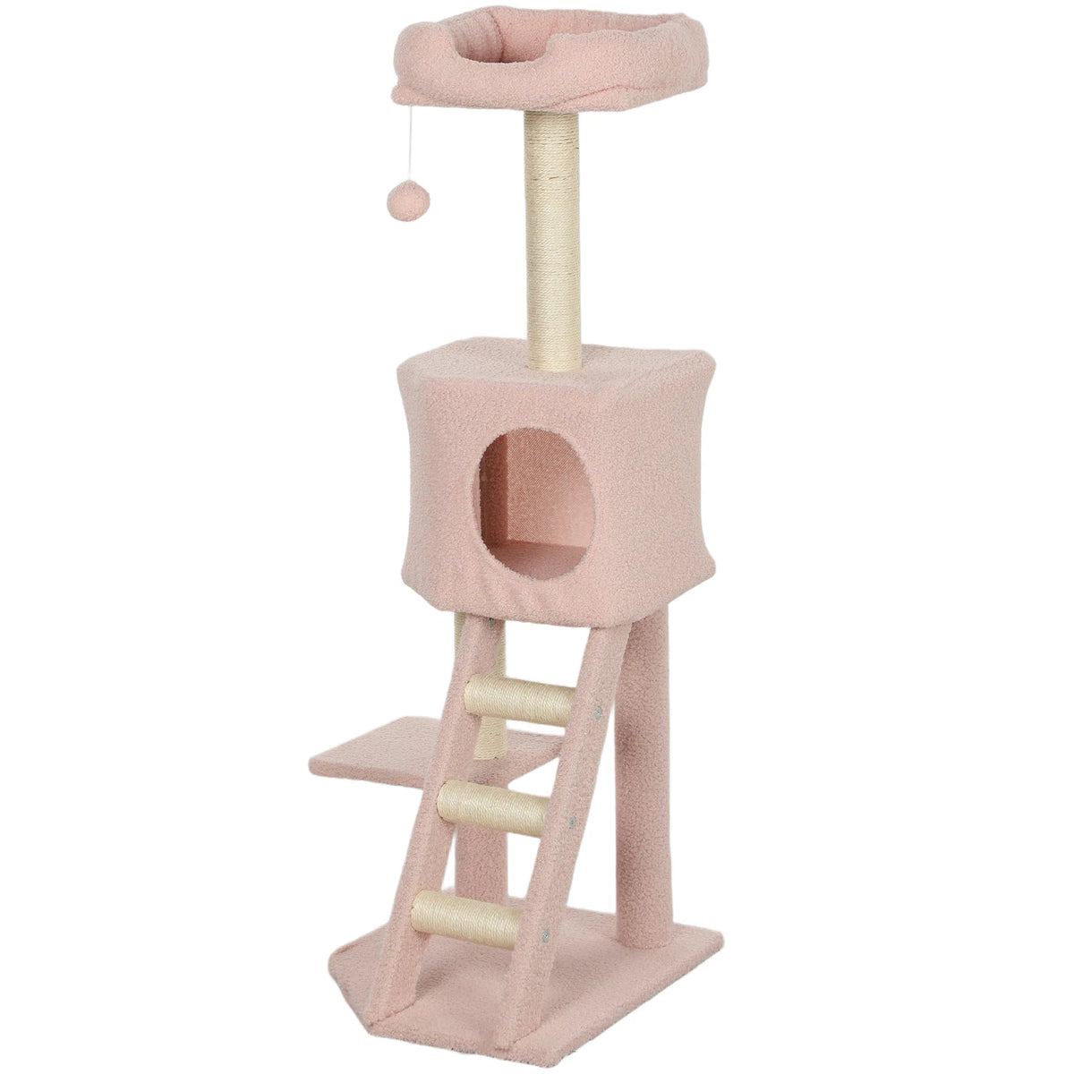 47" Tall Cat Tree Tower with Condo, Ladder, Scratching Posts and Hanging Ball, Pink
