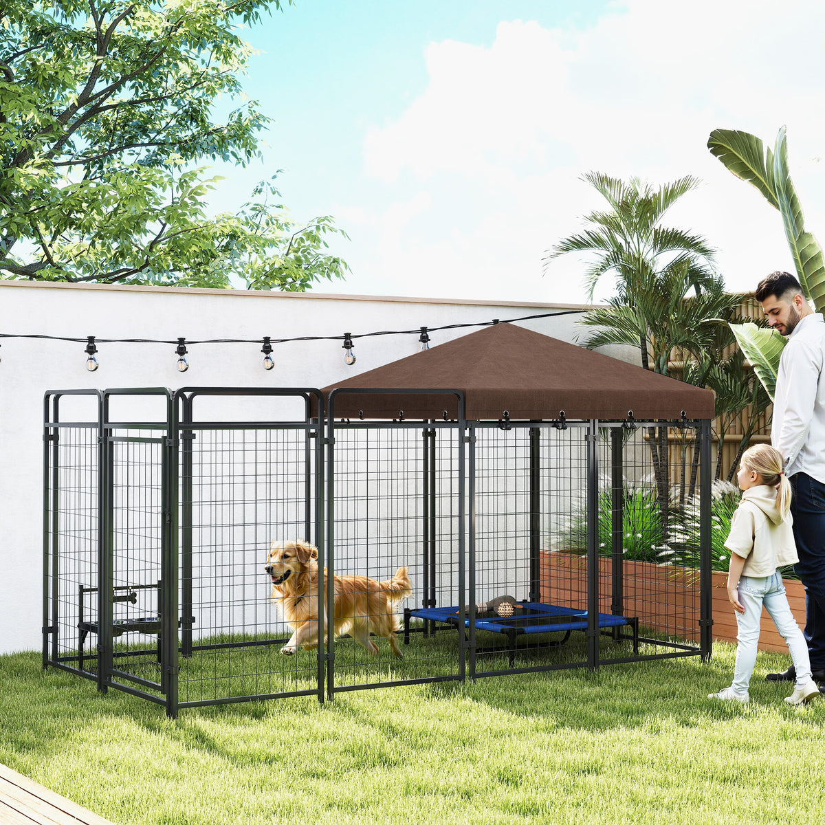 Dog Kennel Outdoor with Waterproof Canopy, Dog Run with Galvanized Chain Link, Secure Lock, for Backyard and Patio, Larg