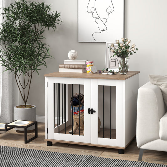 Dog Kennel Furniture Side End Table Indoor with Lockable Door, for Small and Medium Dogs, Walnut Brown